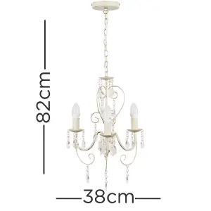 ValueLights Lille Distressed Cream Ornate Vintage Shabby Chic 3 Way Ceiling Light Chandelier with Acrylic Jewels