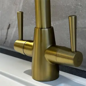 Liquida LU409BR Monobloc Swan Neck Twin Lever Brushed Brass Kitchen Mixer Tap