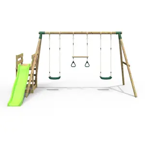 Rebo Wooden Swing Set plus Deck & Slide - Comet Green