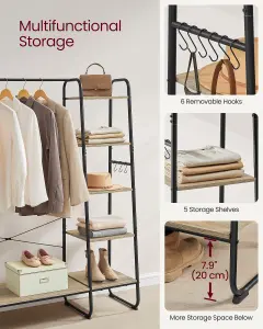 VASAGLE Clothes Rail, Clothes Rack with Shoe Shelf, 5-Tier Storage Rack, 6 Side Hooks, Turquoise Brown and Matte Black