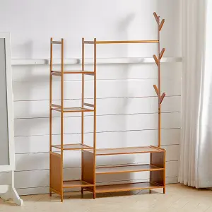 Bamboo Clothes Rail Clothing Hanging Stand Garment Rack with 2 Open Shoe Rack and 4 Shelves