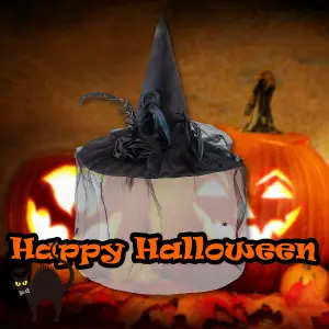 Halloween Witches Hat with Lace Feather/Rose Detail Trick or Treat 44cm Black