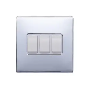 Polished Chrome Screwless Plate 10A 3 Gang 2 Way Light Switch - White Trim - SE Home