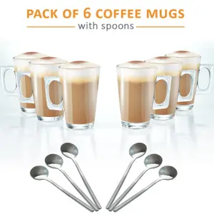 Set of 6 Latte Glasses with Spoons Cappuccino, Tea & Hot Drink Glass Cups with Handle