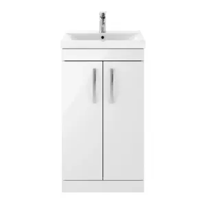 Dezine Hamble 500mm Gloss White Floor Standing 2 Door Vanity Unit, with Basin