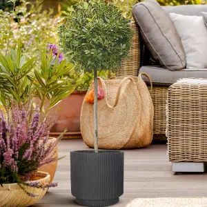 IDEALIST 30cm Round Planter with Drainage Holes, Ribbed Black Reinforced Stone Cylinder Outdoor Plant Pot D30 H30 cm, 16L