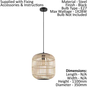 Hanging Ceiling Pendant Light Black & Wicker Cage 1 x 28W E27 Feature Lamp