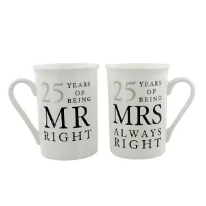 Ivory White 25th Anniversary Mr Right & Mrs Always Right Ceramic Mug Gift Set