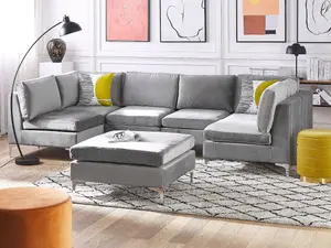 6 Seater U-Shaped Modular Velvet Sofa with Ottoman Grey EVJA