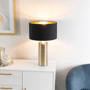 ValueLights Lexy Antique Brass Touch Table Lamp with Black/Gold Shade