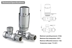 Designer Chrome Thermostatic Radiator Valve Twin Pack TRV Straight 15mm