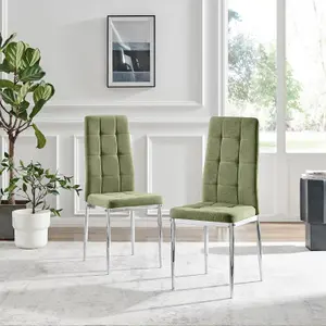 Furniturebox UK Dining Chair - 2x Paloma Green Fabric Upholstered Dining Chair Silver Legs - Contemporary Dining Kitchen Furniture