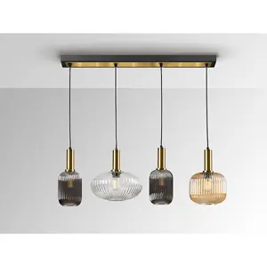 Luminosa Norma 4 Light Bar Pendant Ceiling Light Black, Brass, 3 Crystal Shades, E27