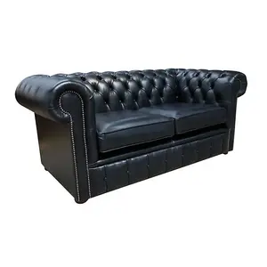 Chesterfield 2 Seater Old English Black Leather Sofa Settee Bespoke In Classic Style