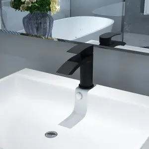 Black Waterfall Basin Mixer Taps with Drain Monobloc Chromed Brass Basin Taps with Sink Plug