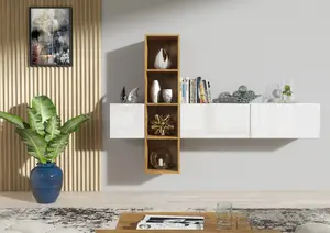 Wally TV Unit 180cm Oak & White with High Gloss Doors - Creative Furniture