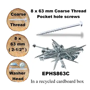 Pocket Hole Screws for Softwoods, 63mm Long, Pack of 500, Coarse Self-Cutting Threaded Square Drive, EPHS863500C, EPH Woodworking