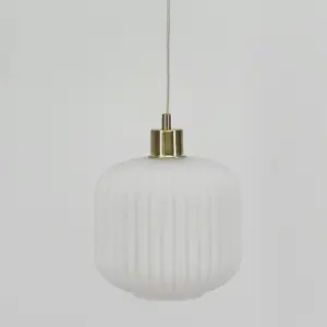 First Choice Lighting Bento White Ribbed Glass with Satin Brass Pendant Fitting