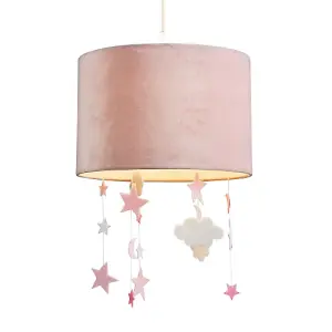 Soft Blush Pink Velvet Pendant Lamp Shade with Hanging Felt Stars and Clouds