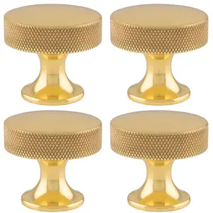 4 PACK - Knurled Flared Stem Cabinet Door Knob - 38mm Polished Brass Cupboard Pull Handle