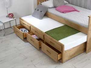 Single Captain Storage Wooden Bed, 3FT, with 3 storage drawers and a Pull Out Under Bed - Waxed