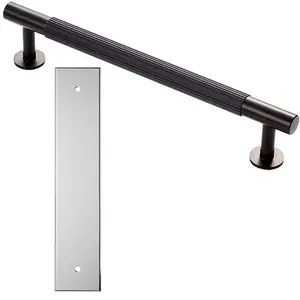 Pull Handle & Contrasting Backplate Set - Reeded Lined T Bar - Matt Black & Chrome