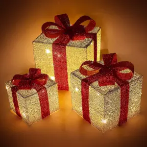 3 X Decorative Christmas Parcels - With 35 White Led Lights - Parcel Set With Bow - Ideal Sparkling Parcel Use Under Christmas