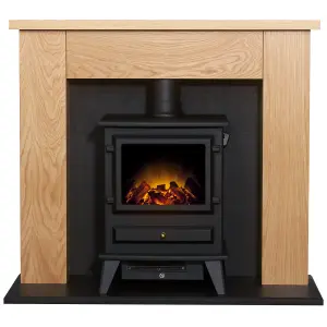 Adam Chester Stove Fireplace in Oak & Black with Hudson Electric Stove in Black, 39 Inch