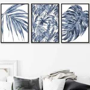 Set of 3 Tropical Plants and Pattern Navy Blue Abstract Wall Art Prints / 42x59cm (A2) / Black Frame