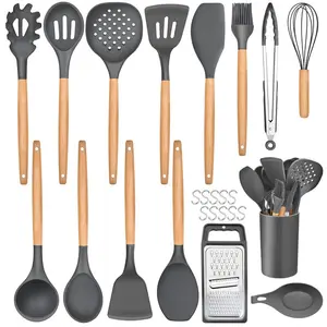 Kitchen Utensils Set,  25 Pieces Soft Silicone Cooking Utensil Set With Holder, Natural Wooden Handle Kitchen Spatula Spoon For Cooking Baking, Non Stick & Heat Resistant, Black Grey