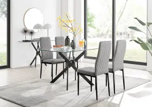 Furniturebox Leonardo 4 Seater Rectangular Glass Dining Table with Silver Metal Legs & 4 Grey Milan Faux Leather Black Leg Chairs