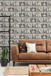 Superfresco Easy Vintage Bookcase Grey / Brown Wallpaper