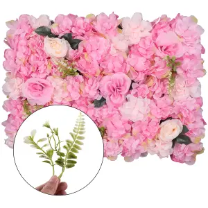 Artificial Flower Wall Backdrop Panel, 60cm x 40cm, Rose Pink with Leaves