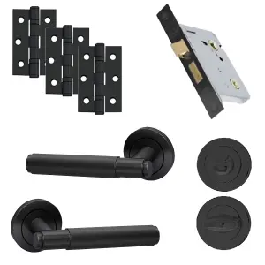 UAP Bathroom Door Handle - Pair - Lever on Rose - Developer Knurled - Bathroom Pack - Complete Set - Matt Black