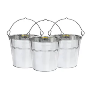 simpa 15L Heavy Duty Galvanised Metal Bucket Pail with Handle - Set of 3