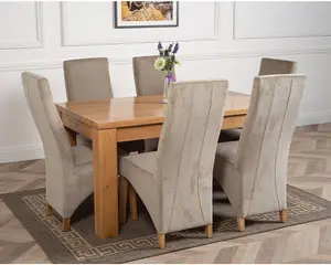 Dakota 152 x 87 cm Chunky Medium Oak Dining Table and 6 Chairs Dining Set with Lola Grey Fabric Chairs