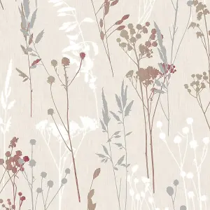 GoodHome Hayfield Cream & red Floral Textured Wallpaper Sample