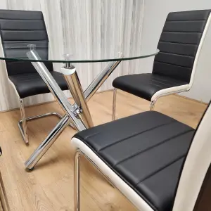 Round Chrome Metal and Clear Glass Dining Table and 4 Stylish Black White Faux Leather Dining Chairs Set