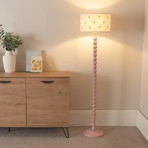 ValueLights Bobbins Painted Rose Floor Lamp with Lemon Embroidered Drum Shade and LED Bulb