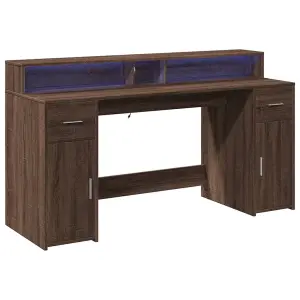 Berkfield Desk with LED Lights Brown Oak 160x55x91 cm Engineered Wood