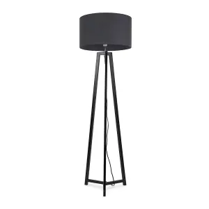 ValueLights Lottie Black Wood Tripod Floor Lamp with Charcoal Grey Drum Shade - LED Bulb Included