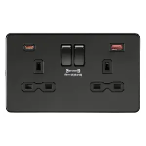 Knightsbridge Screwless Double Switched Socket Dual USB-C USB-A FASTCHARGE Matt Black - SFR9909MBB