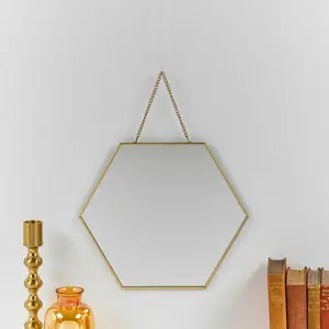 (L 27Cm) Honeycomb Gold Hanging Plate Mirror With Chain 22cm H x 22cm W