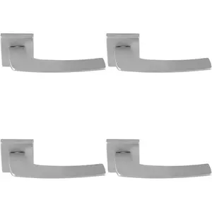 4 PACK - Premium Curved Slim Door Handle Set - Satin Chrome Plain Lever on Square Rose