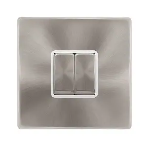 Brushed Steel Screwless Plate 10A 2 Gang 2 Way Ingot Light Switch - White Trim - SE Home