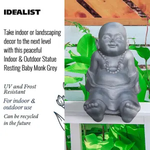 IDEALIST™ Buddha Statue 10.2 Inch Tall, Grey Reinforced Stone Relaxing Baby Monk Figurine for Home and Garden L31 W22.5 H26 cm