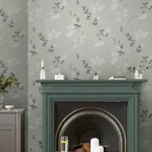 Laura Ashley Mari Green Floral Smooth Wallpaper