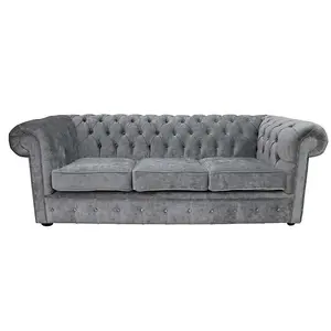 Chesterfield Crystal 3 Seater Sofa Modena Cloud Grey Velvet Fabric In Classic Style