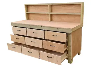 Wooden Eucalyptus hardwood top workbench, tool cabinet with drawers (V.2) (H-90cm, D-70cm, L-240cm) with back