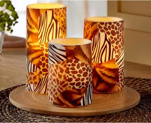 3 x Animal Print Real Wax LED Pillar Candles - Battery Powered Flickering Light Home Decoration - 1 of Each 10, 12 & 15cm